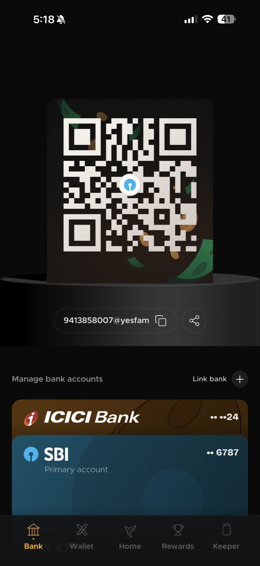 Fam bank screen with payment QR code and linked bank accounts