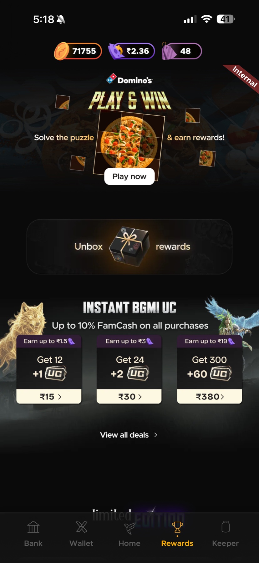 Fam rewards screen with game rewards and offers