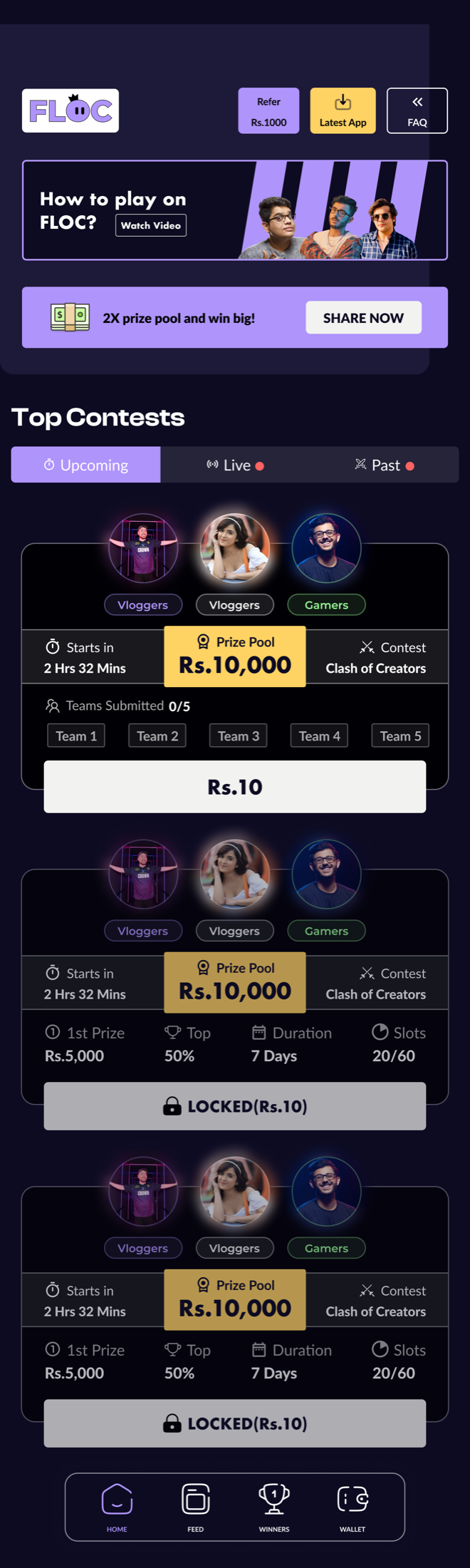 Floc contest discovery home screen